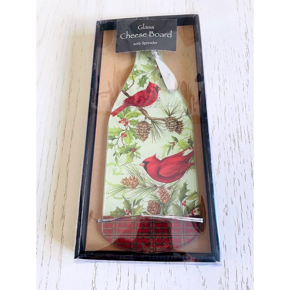 Counter Art Glass Cheese Board Wine Bottle Cardinal Pinecone Christmas‎ Spreader